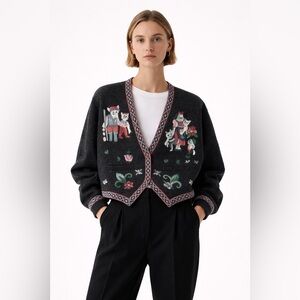 Vintage Wool Rabbit Fur Embroidered Charcoal V-Neck Cardigan Sweater